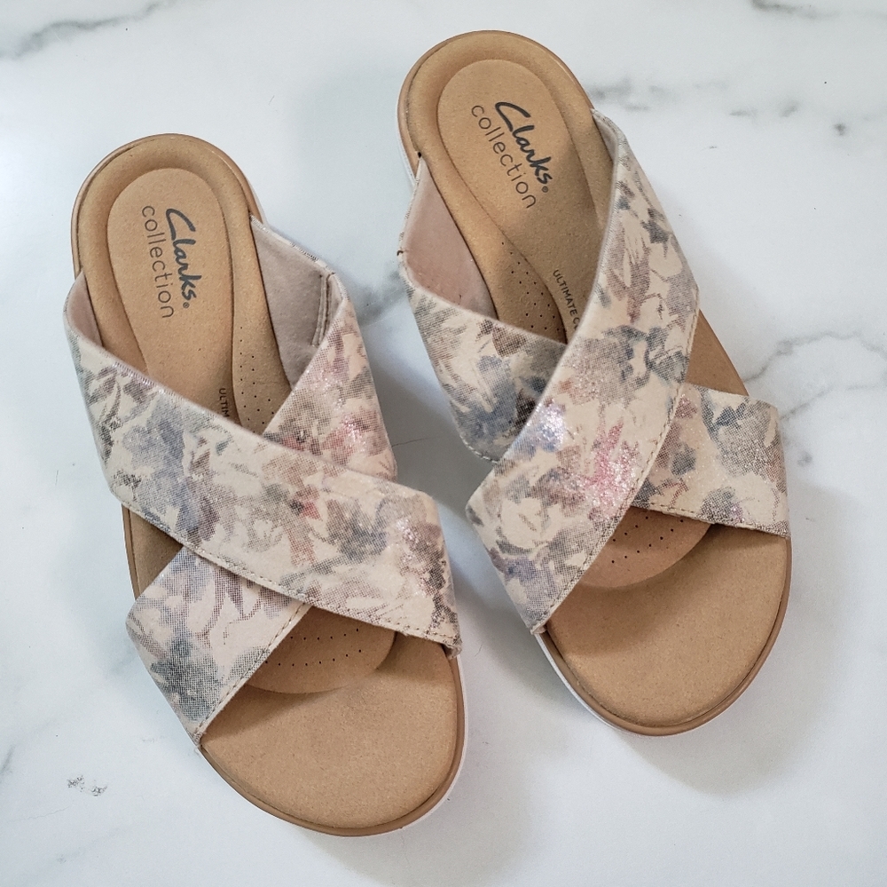 Clarks Collection Wedge Slide Sandals Jillian Gem-Sand Size 6.5 Wide A394305 - Picture 2 of 8
